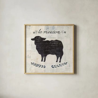 Le Mouton Silhouette Sq Words by Courtney Prahl. Shown in a natural wood glass frame for a timeless modern aesthetic. Available as an archival giclee rolled canvas, fine art paper, or poster print. SKU 52534a.