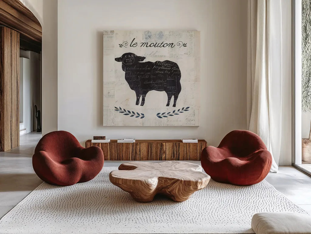 Le Mouton Silhouette Sq Words by Courtney Prahl. Shown as extra-large giant wall art in a modern living room. Available as an archival giclee rolled canvas, fine art paper, or poster print. SKU 52534a.
