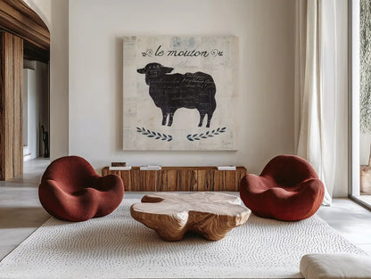 Le Mouton Silhouette Sq Words by Courtney Prahl. Shown as extra-large giant wall art in a modern living room. Available as an archival giclee rolled canvas, fine art paper, or poster print. SKU 52534a.