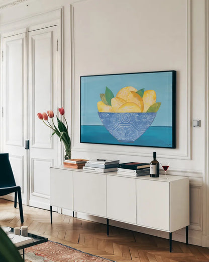 Lemon Elegance by Courtney Prahl. shown as a framed stretched canvas in a living room above a console. Available as a archival giclee rolled canvas, fine art paper, or poster print. SKU 98526i.