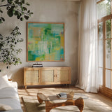 Lively by Courtney Prahl. Shown in a natural wood frame in a cozy modern living room. Available as an archival giclee rolled canvas, fine art paper, or poster print. SKU 87802a.