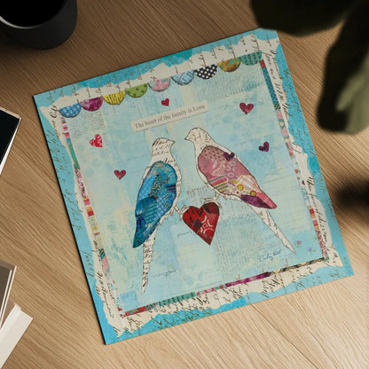 Love Birds Square by Courtney Prahl. Shown as a detailed flat fine art print, highlighting archival giclee quality. Available as an archival giclee rolled canvas, fine art paper, or poster print. SKU 11990a.