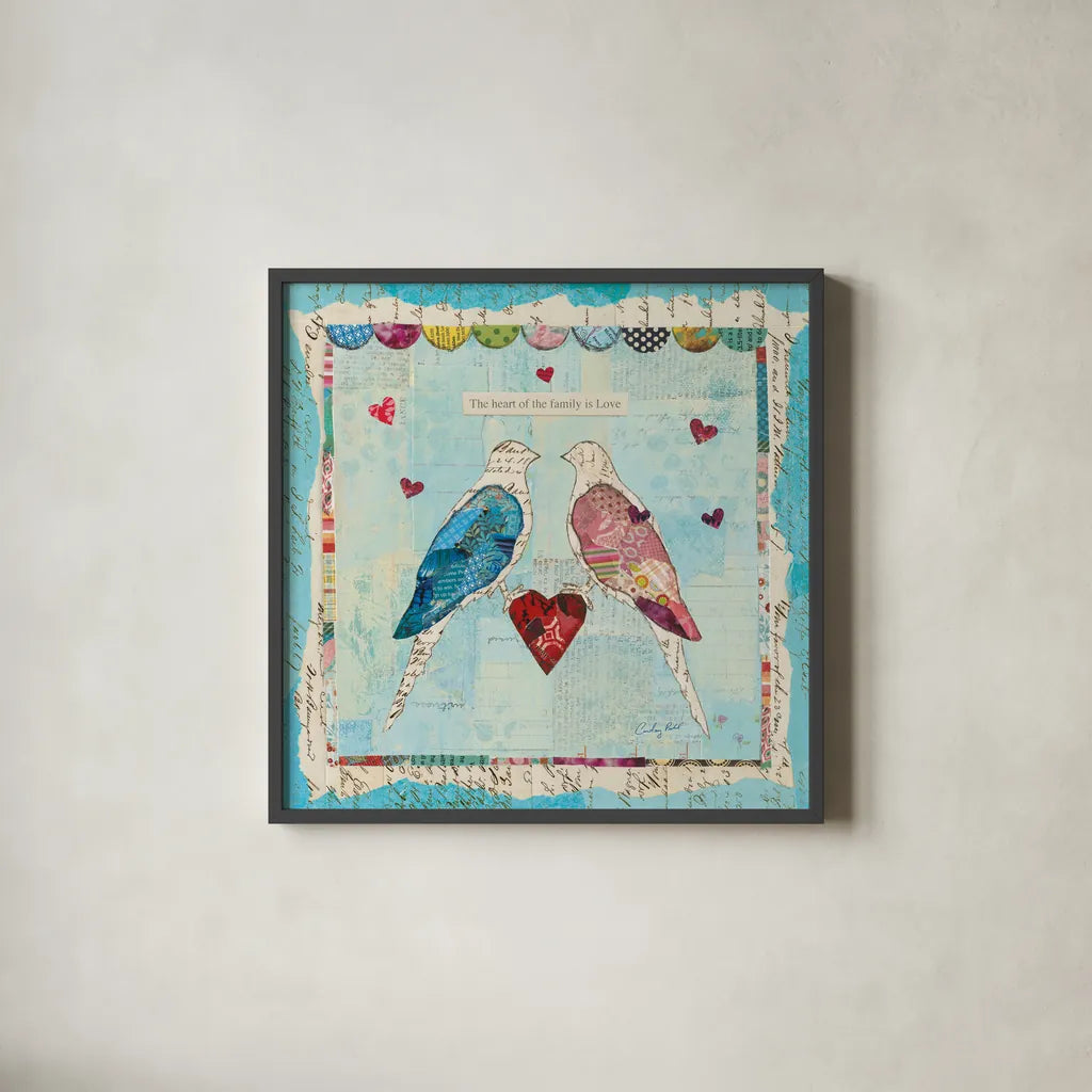 Love Birds Square by Courtney Prahl. Shown in a sleek black glass frame for a contemporary gallery look. Available as an archival giclee rolled canvas, fine art paper, or poster print. SKU 11990a.