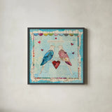 Love Birds Square by Courtney Prahl. Shown in a sleek black glass frame for a contemporary gallery look. Available as an archival giclee rolled canvas, fine art paper, or poster print. SKU 11990a.