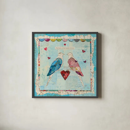 Love Birds Square by Courtney Prahl. Shown in a sleek black glass frame for a contemporary gallery look. Available as an archival giclee rolled canvas, fine art paper, or poster print. SKU 11990a.