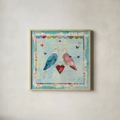 Love Birds Square by Courtney Prahl. Shown in a natural wood glass frame for a timeless modern aesthetic. Available as an archival giclee rolled canvas, fine art paper, or poster print. SKU 11990a.