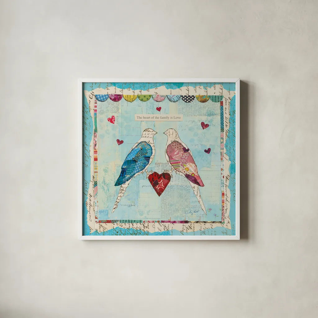 Love Birds Square by Courtney Prahl. Shown in a crisp white glass frame for a clean and minimalist style. Available as an archival giclee rolled canvas, fine art paper, or poster print. SKU 11990a.