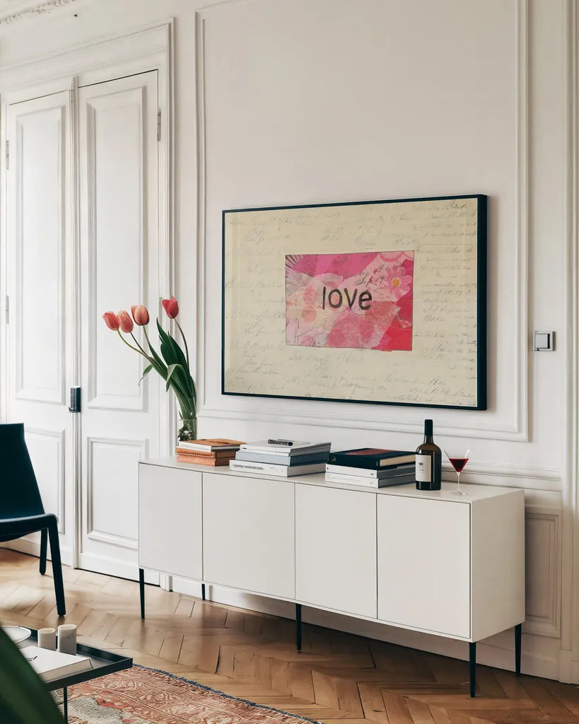 Love Collage by Courtney Prahl. shown as a framed stretched canvas in a living room above a console. Available as a archival giclee rolled canvas, fine art paper, or poster print. SKU 52563i.
