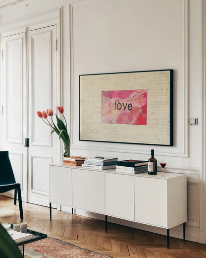 Love Collage by Courtney Prahl. shown as a framed stretched canvas in a living room above a console. Available as a archival giclee rolled canvas, fine art paper, or poster print. SKU 52563i.