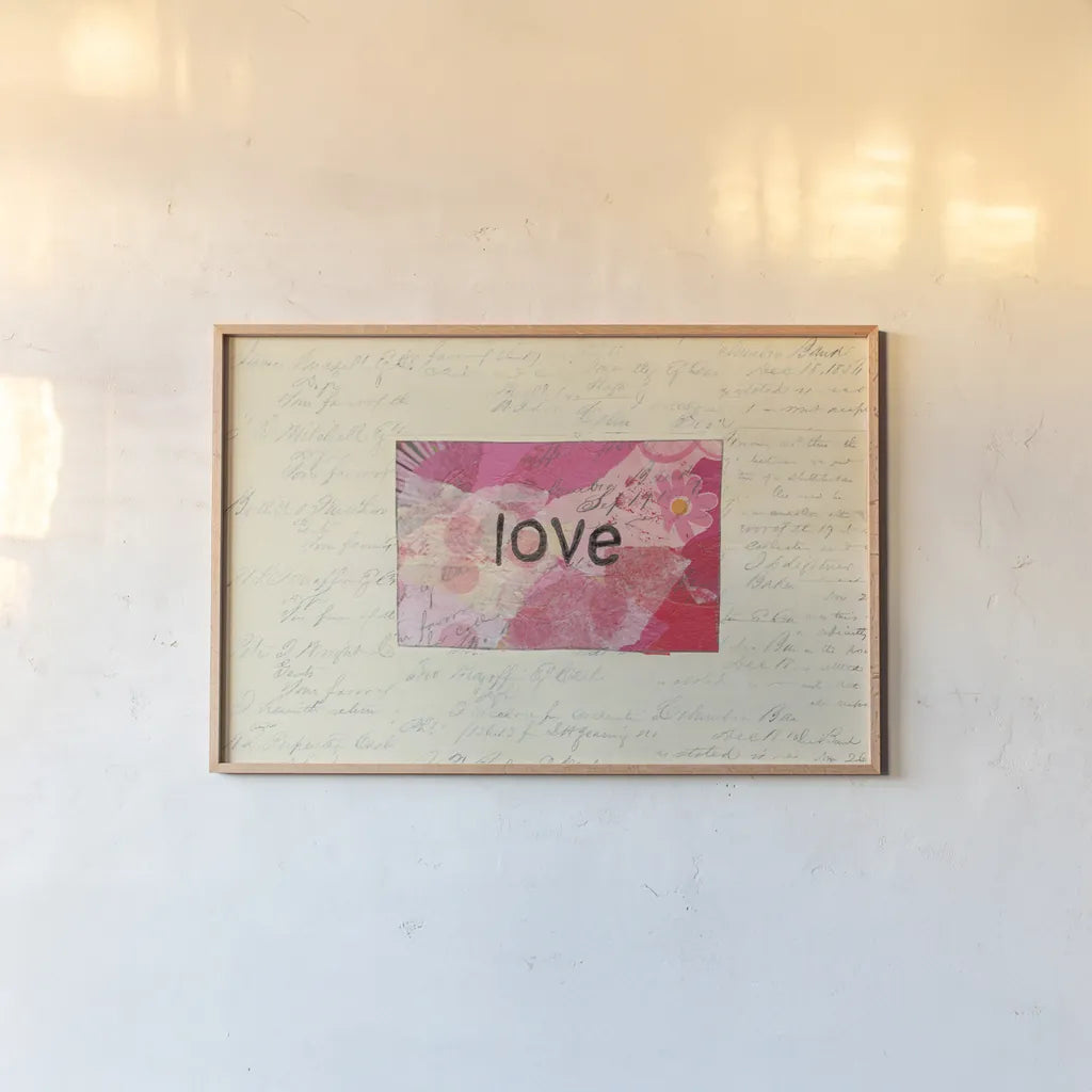 Love Collage by Courtney Prahl. shown as a paper print in a natural frame. Available as a archival giclee rolled canvas, fine art paper, or poster print. SKU 52563i.