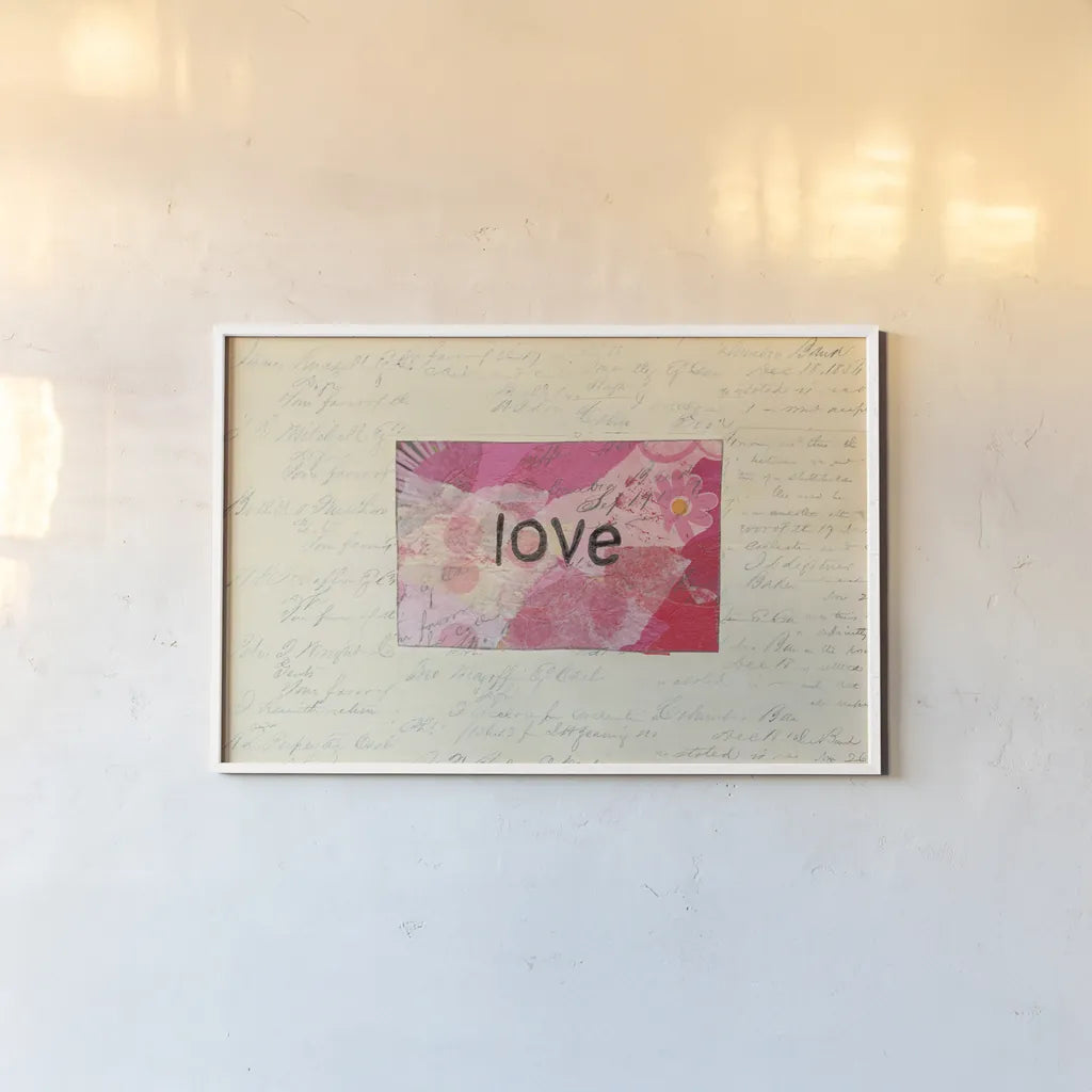 Love Collage by Courtney Prahl. shown as a paper print in a white frame. Available as a archival giclee rolled canvas, fine art paper, or poster print. SKU 52563i.