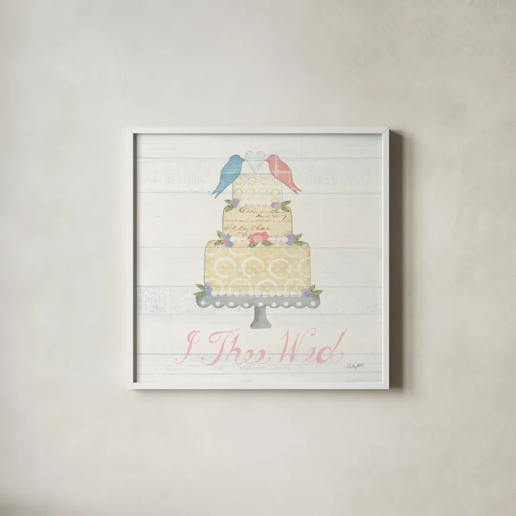 Lovebirds I by Courtney Prahl. Shown in a crisp white glass frame for a clean and minimalist style. Available as an archival giclee rolled canvas, fine art paper, or poster print. SKU 37342a.