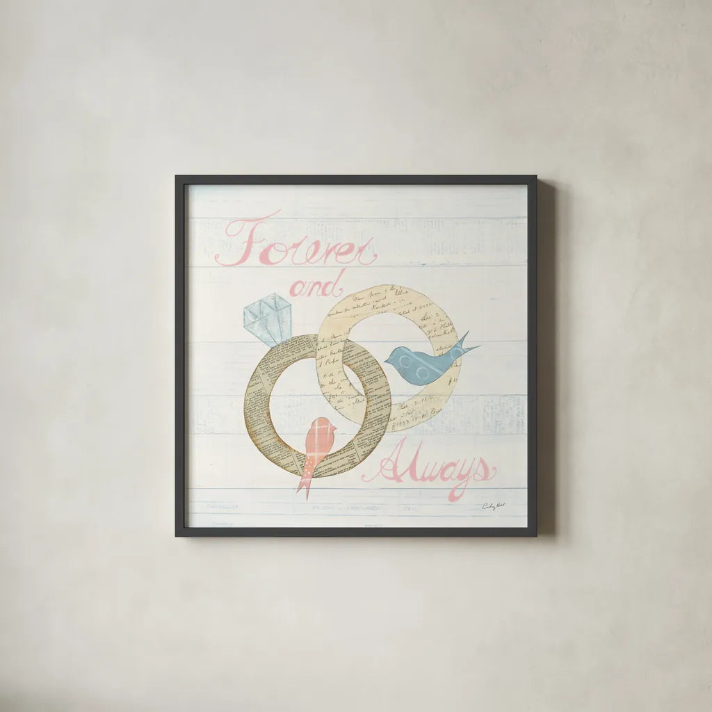 Lovebirds II by Courtney Prahl. Shown in a sleek black glass frame for a contemporary gallery look. Available as an archival giclee rolled canvas, fine art paper, or poster print. SKU 37343a.