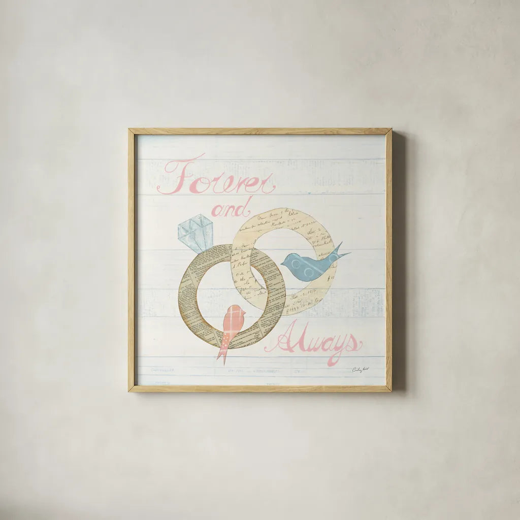 Lovebirds II by Courtney Prahl. Shown in a natural wood glass frame for a timeless modern aesthetic. Available as an archival giclee rolled canvas, fine art paper, or poster print. SKU 37343a.