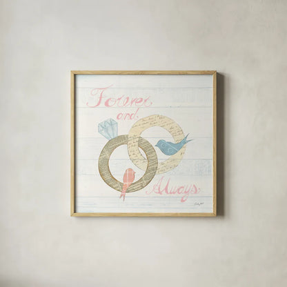 Lovebirds II by Courtney Prahl. Shown in a natural wood glass frame for a timeless modern aesthetic. Available as an archival giclee rolled canvas, fine art paper, or poster print. SKU 37343a.