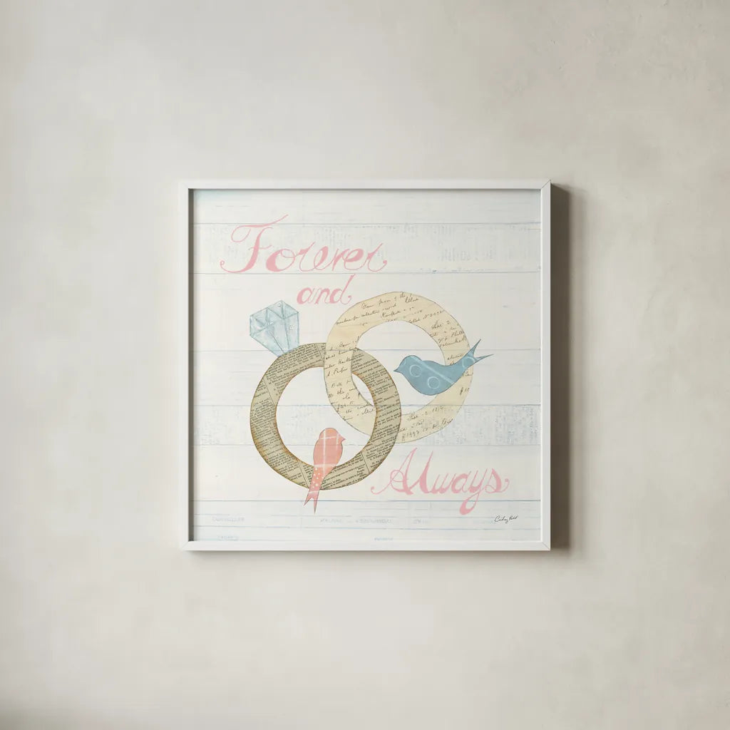 Lovebirds II by Courtney Prahl. Shown in a crisp white glass frame for a clean and minimalist style. Available as an archival giclee rolled canvas, fine art paper, or poster print. SKU 37343a.