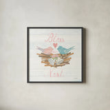 Lovebirds III by Courtney Prahl. Shown in a sleek black glass frame for a contemporary gallery look. Available as an archival giclee rolled canvas, fine art paper, or poster print. SKU 37344a.