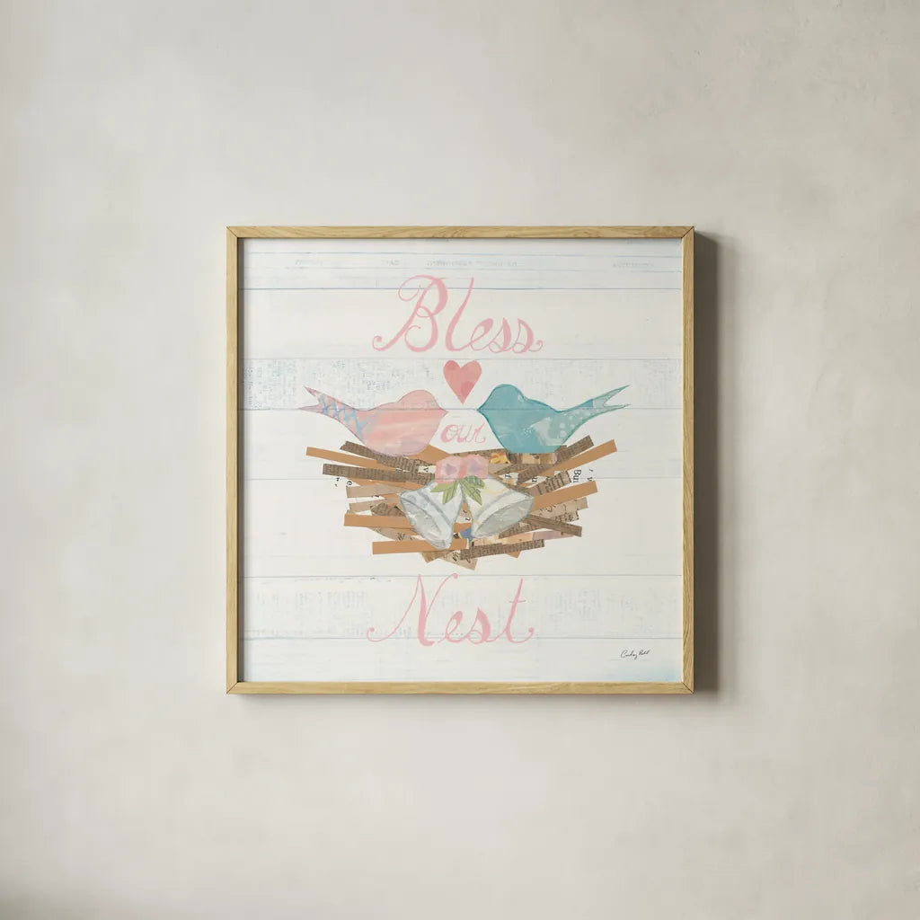 Lovebirds III by Courtney Prahl. Shown in a natural wood glass frame for a timeless modern aesthetic. Available as an archival giclee rolled canvas, fine art paper, or poster print. SKU 37344a.