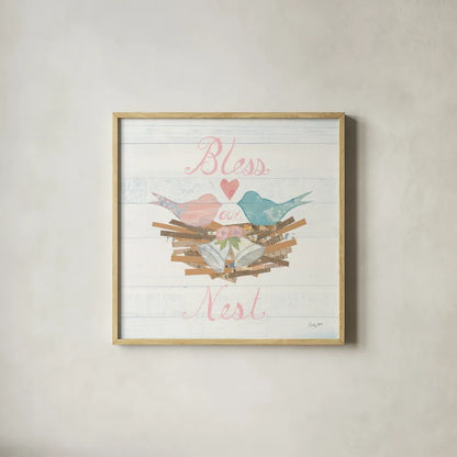 Lovebirds III by Courtney Prahl. Shown in a natural wood glass frame for a timeless modern aesthetic. Available as an archival giclee rolled canvas, fine art paper, or poster print. SKU 37344a.