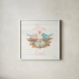 Lovebirds III by Courtney Prahl. Shown in a crisp white glass frame for a clean and minimalist style. Available as an archival giclee rolled canvas, fine art paper, or poster print. SKU 37344a.
