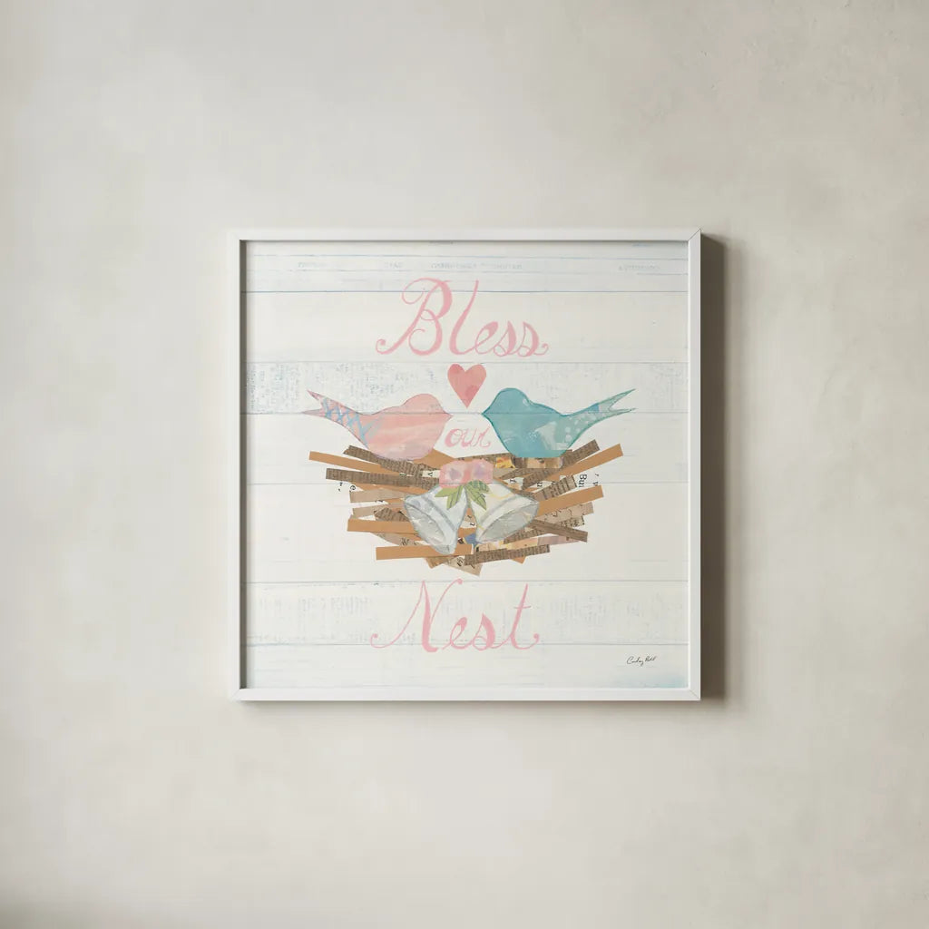 Lovebirds III by Courtney Prahl. Shown in a crisp white glass frame for a clean and minimalist style. Available as an archival giclee rolled canvas, fine art paper, or poster print. SKU 37344a.