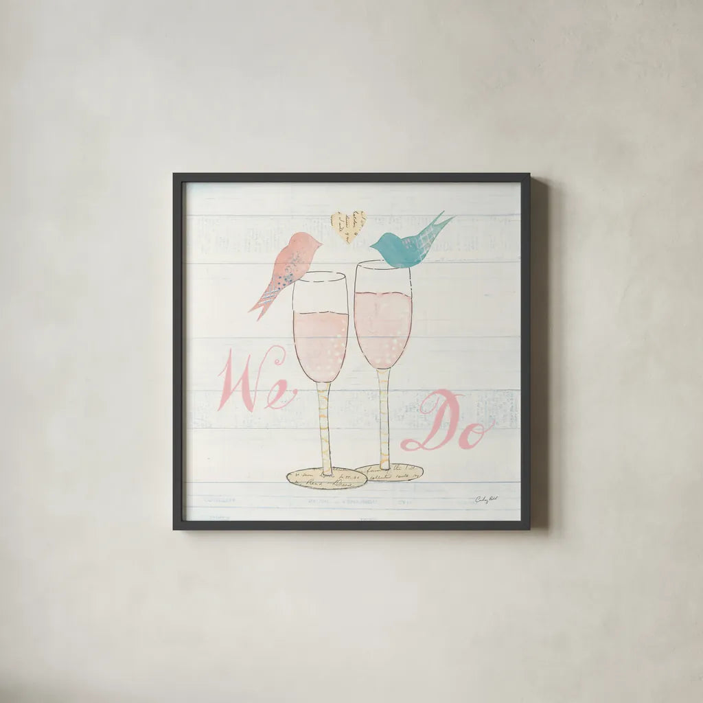 Lovebirds IV by Courtney Prahl. Shown in a sleek black glass frame for a contemporary gallery look. Available as an archival giclee rolled canvas, fine art paper, or poster print. SKU 37345a.