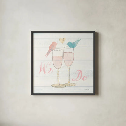 Lovebirds IV by Courtney Prahl. Shown in a sleek black glass frame for a contemporary gallery look. Available as an archival giclee rolled canvas, fine art paper, or poster print. SKU 37345a.