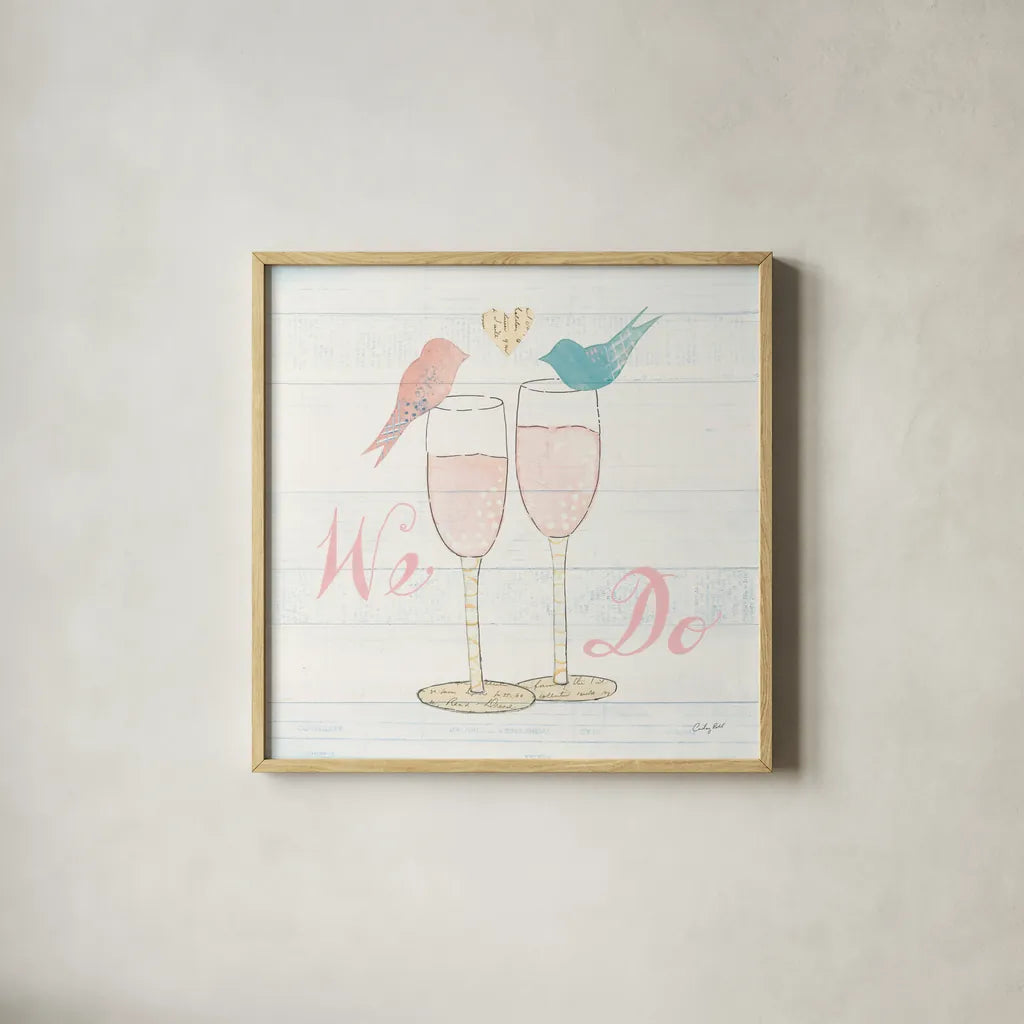 Lovebirds IV by Courtney Prahl. Shown in a natural wood glass frame for a timeless modern aesthetic. Available as an archival giclee rolled canvas, fine art paper, or poster print. SKU 37345a.