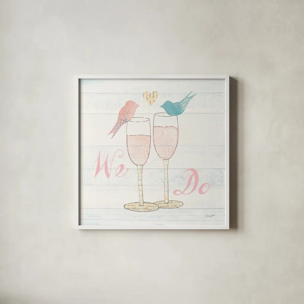 Lovebirds IV by Courtney Prahl. Shown in a crisp white glass frame for a clean and minimalist style. Available as an archival giclee rolled canvas, fine art paper, or poster print. SKU 37345a.