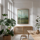 Meadows Edge Dark Crop by Courtney Prahl. shown as a print in a natural wood frame in a dining room. Available as a archival giclee rolled canvas, fine art paper, or poster print. SKU 79047h.
