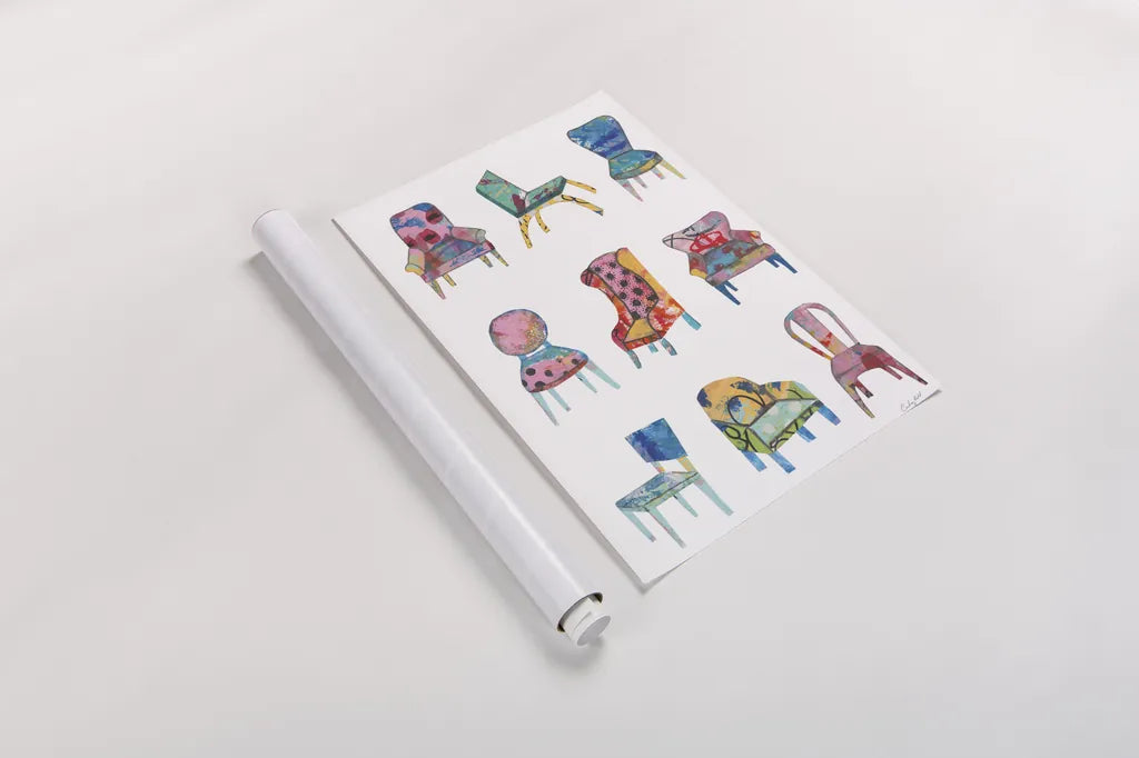 Mod Chair Chart by Courtney Prahl. shown as a rolled paper print. Available as archival giclee rolled canvas, fine art paper, or poster print. SKU 80598h.