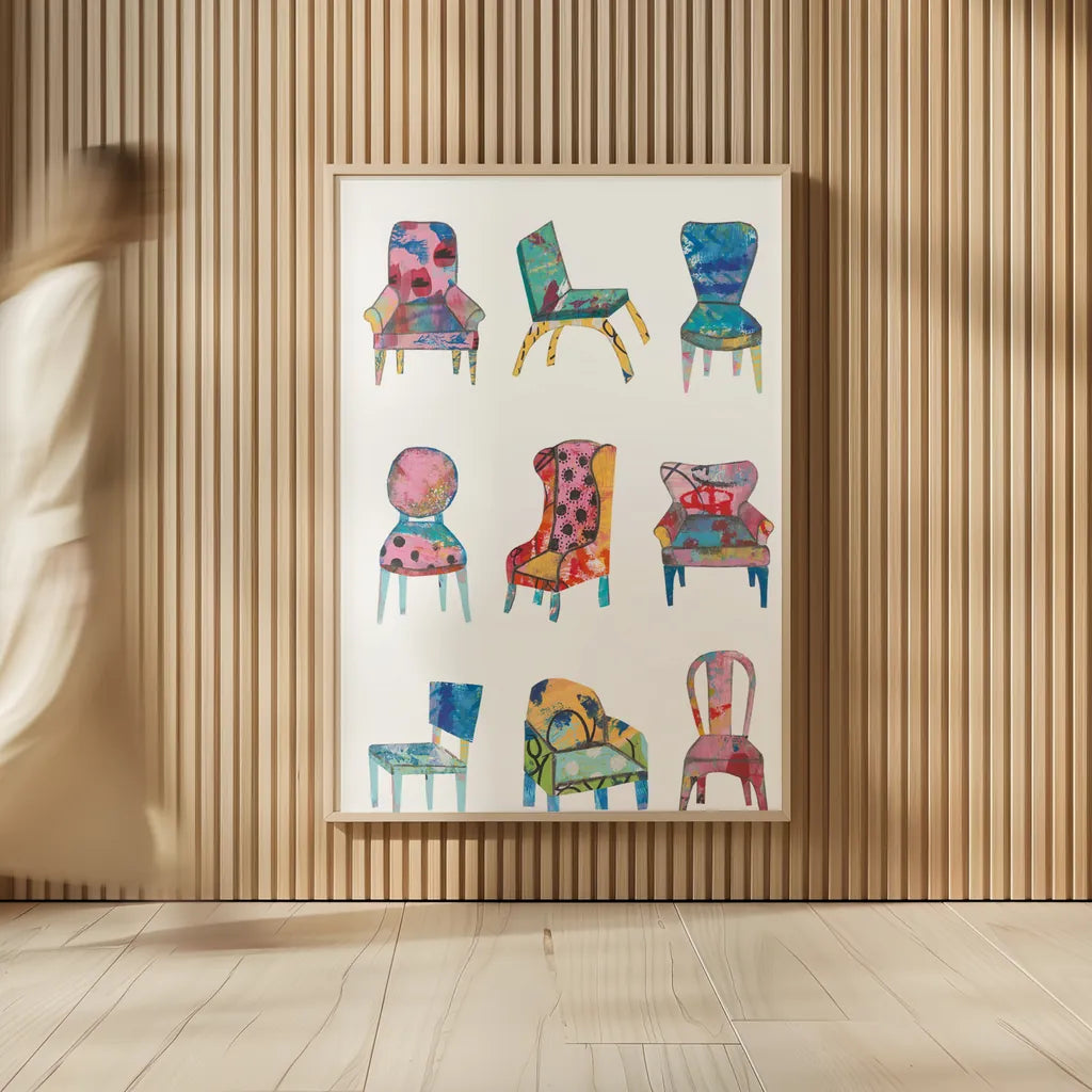 Mod Chair Chart by Courtney Prahl. shown as over sized large wall art. Available as an archival giclee rolled canvas, fine art paper, or poster print. SKU 80598h.
