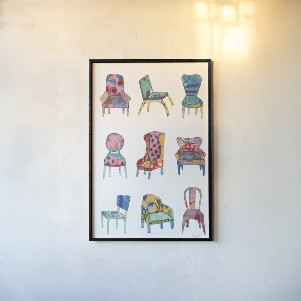 Mod Chair Chart by Courtney Prahl. shown as a paper print in a black flame. Available as a archival giclee rolled canvas, fine art paper, or poster print. SKU 80598h.