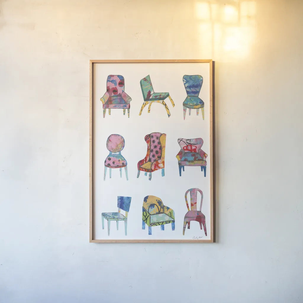 Mod Chair Chart by Courtney Prahl. shown as a paper print in a natural frame. Available as a archival giclee rolled canvas, fine art paper, or poster print. SKU 80598h.