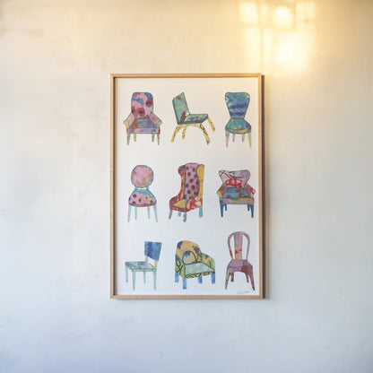 Mod Chair Chart by Courtney Prahl. shown as a paper print in a natural frame. Available as a archival giclee rolled canvas, fine art paper, or poster print. SKU 80598h.