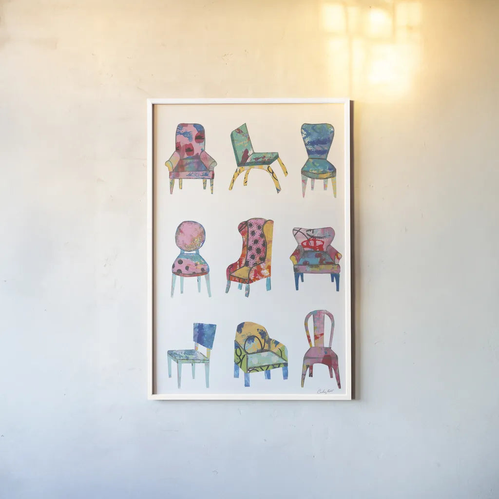 Mod Chair Chart by Courtney Prahl. shown as a paper print in a white frame. Available as a archival giclee rolled canvas, fine art paper, or poster print. SKU 80598h.