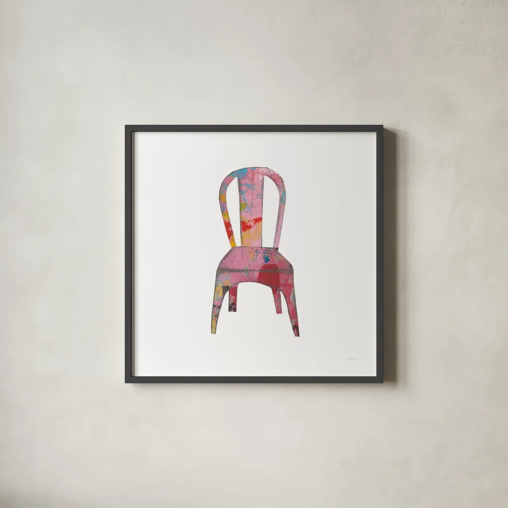 Mod Chairs I by Courtney Prahl. Shown in a sleek black glass frame for a contemporary gallery look. Available as an archival giclee rolled canvas, fine art paper, or poster print. SKU 64269a.
