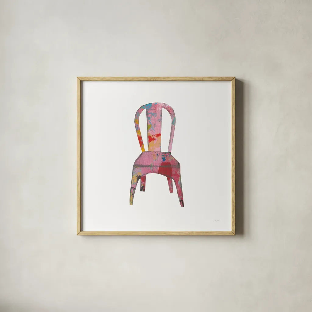 Mod Chairs I by Courtney Prahl. Shown in a natural wood glass frame for a timeless modern aesthetic. Available as an archival giclee rolled canvas, fine art paper, or poster print. SKU 64269a.