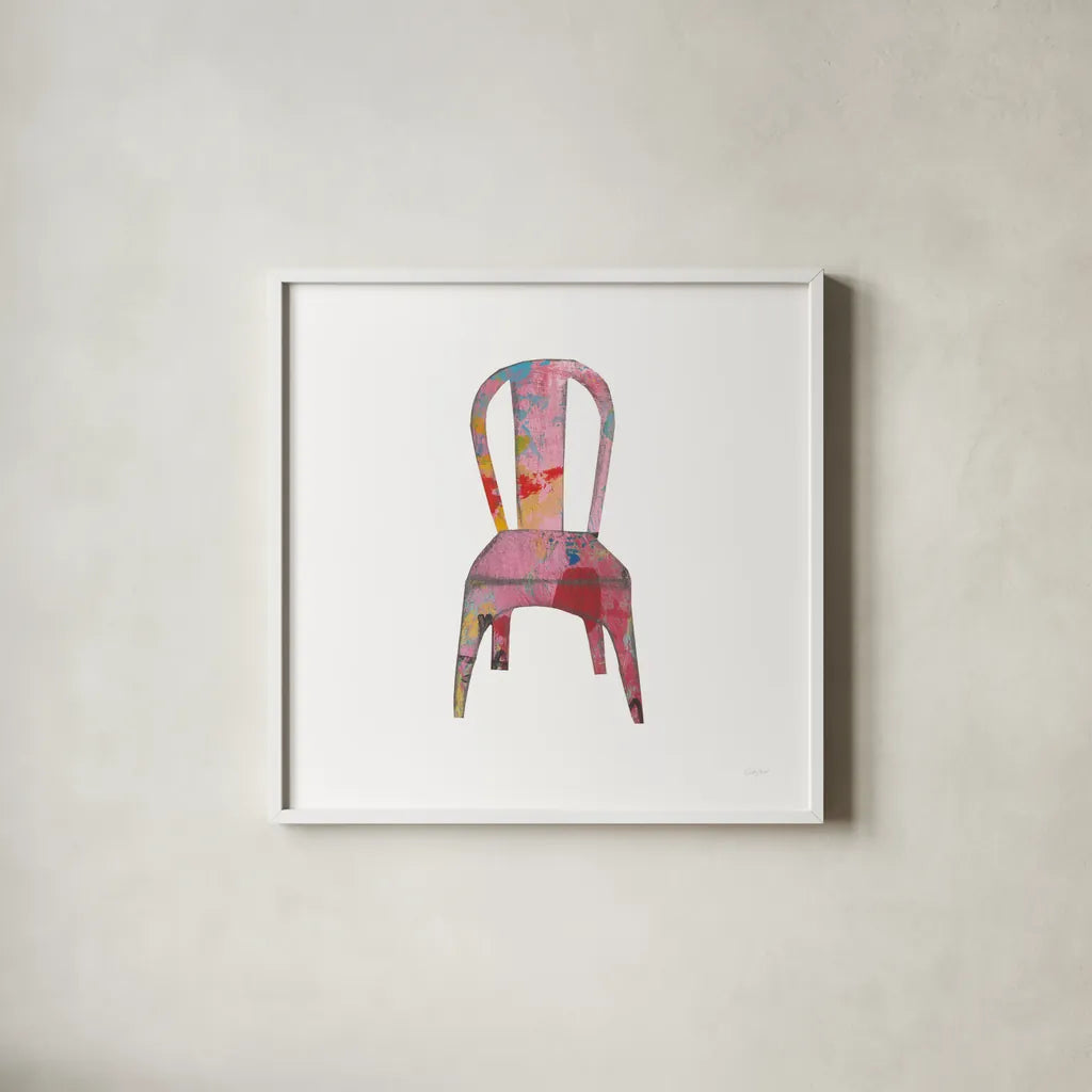 Mod Chairs I by Courtney Prahl. Shown in a crisp white glass frame for a clean and minimalist style. Available as an archival giclee rolled canvas, fine art paper, or poster print. SKU 64269a.