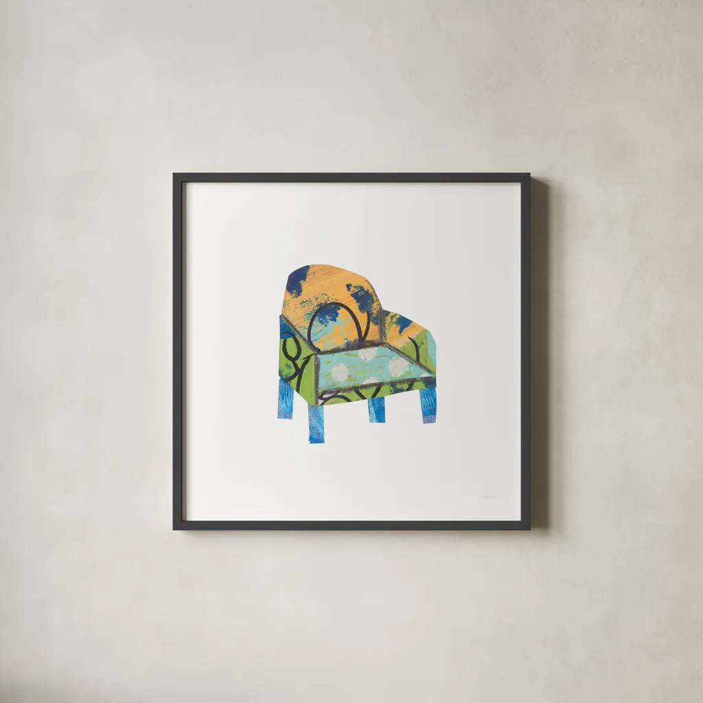 Mod Chairs II by Courtney Prahl. Shown in a sleek black glass frame for a contemporary gallery look. Available as an archival giclee rolled canvas, fine art paper, or poster print. SKU 64270a.