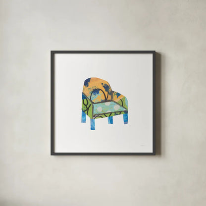 Mod Chairs II by Courtney Prahl. Shown in a sleek black glass frame for a contemporary gallery look. Available as an archival giclee rolled canvas, fine art paper, or poster print. SKU 64270a.