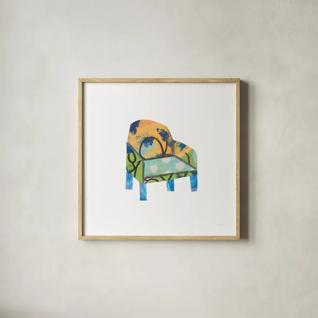 Mod Chairs II by Courtney Prahl. Shown in a natural wood glass frame for a timeless modern aesthetic. Available as an archival giclee rolled canvas, fine art paper, or poster print. SKU 64270a.