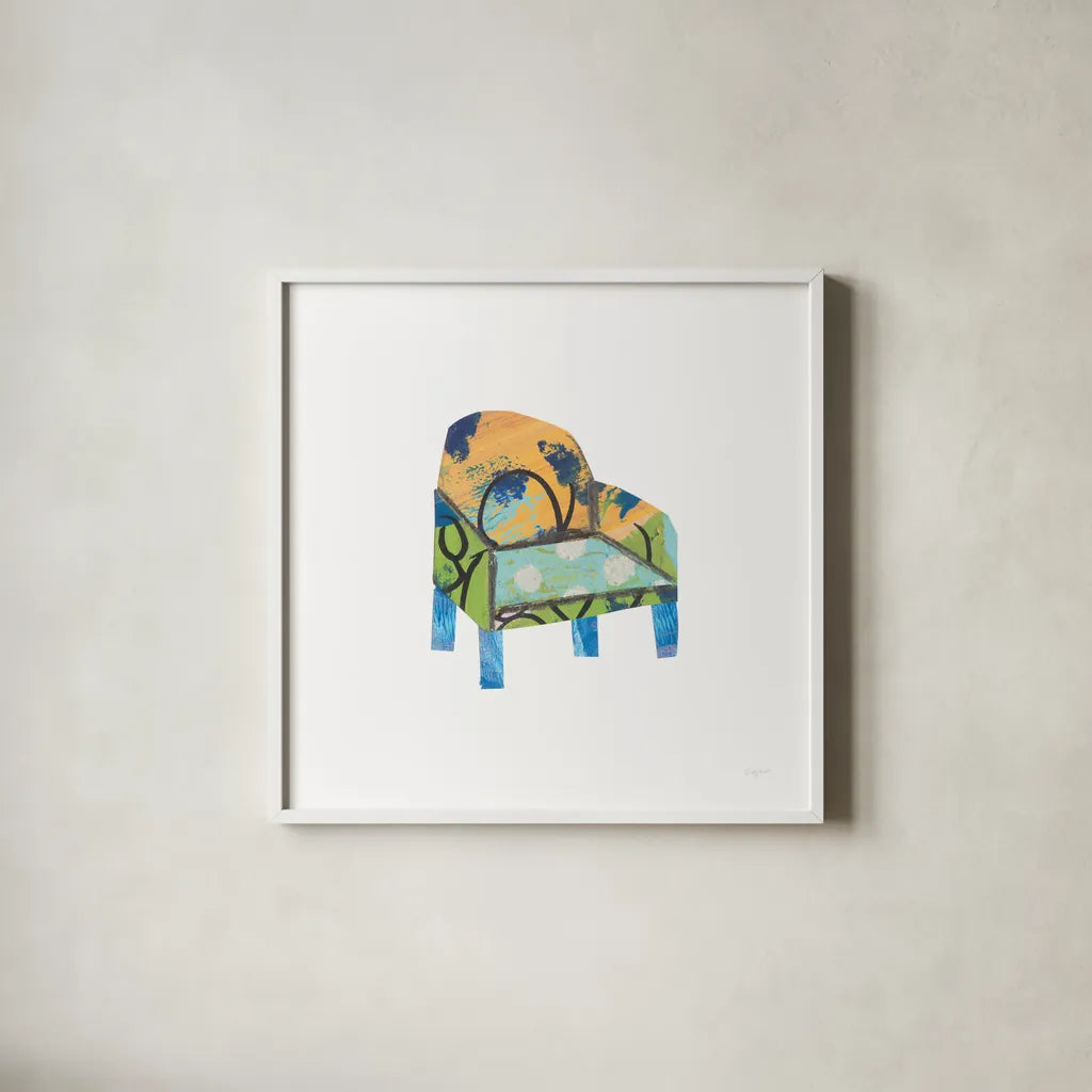 Mod Chairs II by Courtney Prahl. Shown in a crisp white glass frame for a clean and minimalist style. Available as an archival giclee rolled canvas, fine art paper, or poster print. SKU 64270a.