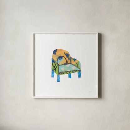 Mod Chairs II by Courtney Prahl. Shown in a crisp white glass frame for a clean and minimalist style. Available as an archival giclee rolled canvas, fine art paper, or poster print. SKU 64270a.