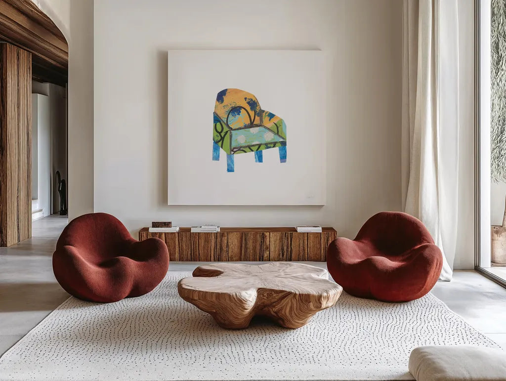 Mod Chairs II by Courtney Prahl. Shown as extra-large giant wall art in a modern living room. Available as an archival giclee rolled canvas, fine art paper, or poster print. SKU 64270a.