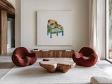Mod Chairs II by Courtney Prahl. Shown as extra-large giant wall art in a modern living room. Available as an archival giclee rolled canvas, fine art paper, or poster print. SKU 64270a.