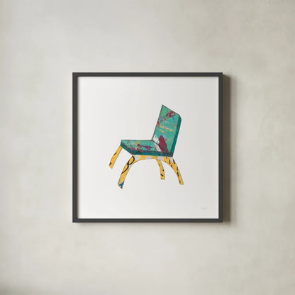 Mod Chairs III by Courtney Prahl. Shown in a sleek black glass frame for a contemporary gallery look. Available as an archival giclee rolled canvas, fine art paper, or poster print. SKU 64271a.