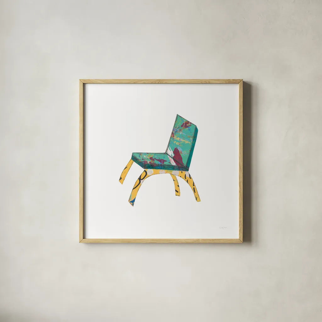 Mod Chairs III by Courtney Prahl. Shown in a natural wood glass frame for a timeless modern aesthetic. Available as an archival giclee rolled canvas, fine art paper, or poster print. SKU 64271a.