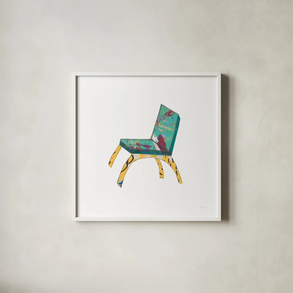 Mod Chairs III by Courtney Prahl. Shown in a crisp white glass frame for a clean and minimalist style. Available as an archival giclee rolled canvas, fine art paper, or poster print. SKU 64271a.