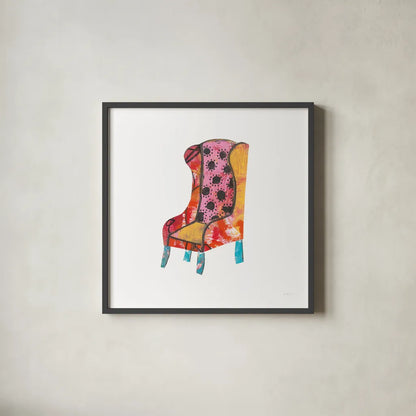 Mod Chairs IV by Courtney Prahl. Shown in a sleek black glass frame for a contemporary gallery look. Available as an archival giclee rolled canvas, fine art paper, or poster print. SKU 64272a.